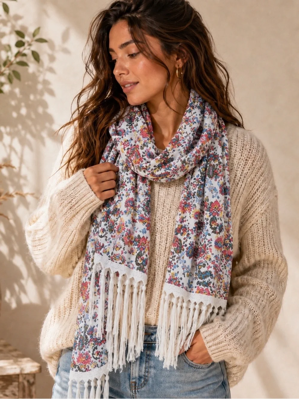Boho Floral Scarf Womens Paisley Fringe Cottagecore Hippie Festival Gauze Wrap